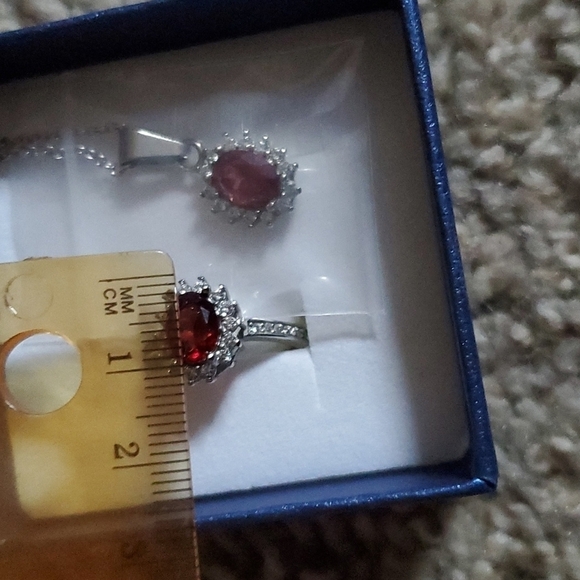 Genuine Red Garnet and White Zircon Necklace and Ring Set in Stainless Steel - Picture 3 of 8